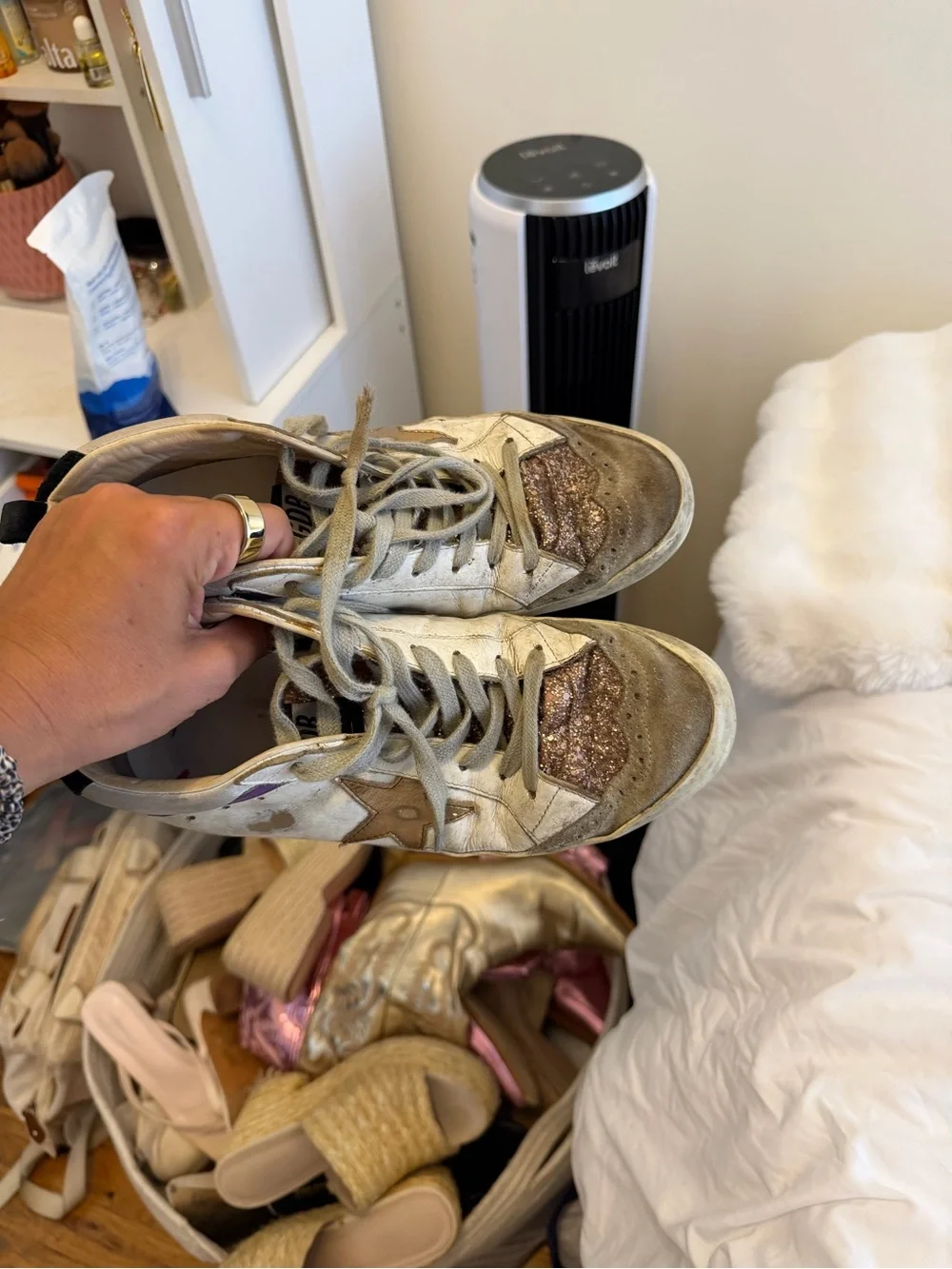 Golden Goose White and Pink Glitter Superstar Sneakers